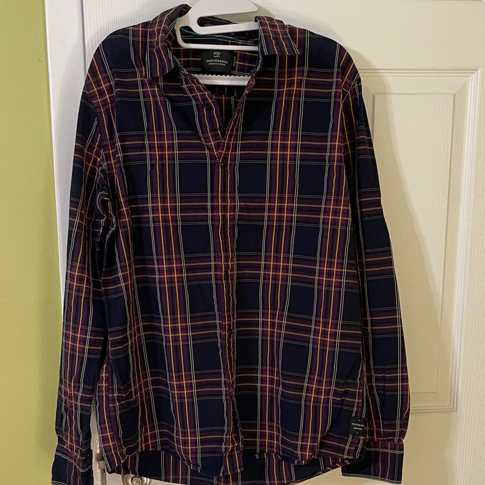 Scotch & Soda Men's Navy and Orange Plaid Shirt